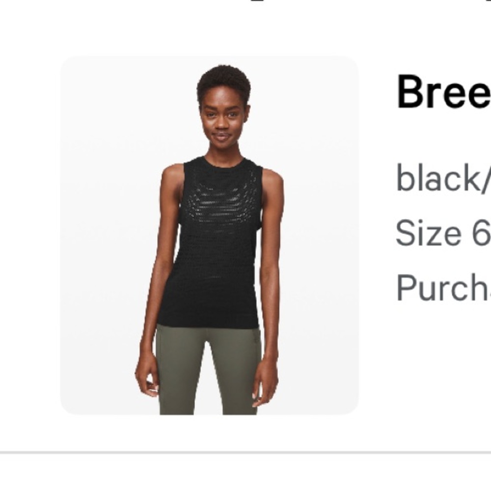 Lululemon breeze by muscle tank squad black size 6